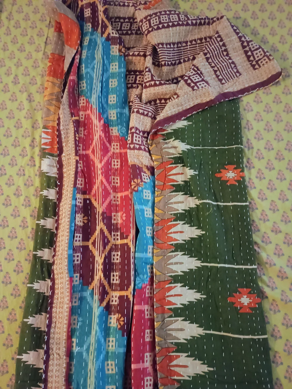 Multicolor Kantha-Style Cotton Quilt Throw - Green, Blue, Pink Accents